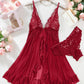 Sexy Open Front V Neck Ruffle Sheer Mesh Lace Wireless Babydoll Lingerie Dress with Thong 2 Piece