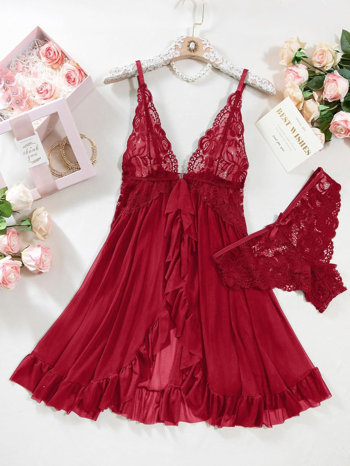 Sexy Open Front V Neck Ruffle Sheer Mesh Lace Wireless Babydoll Lingerie Dress with Thong 2 Piece