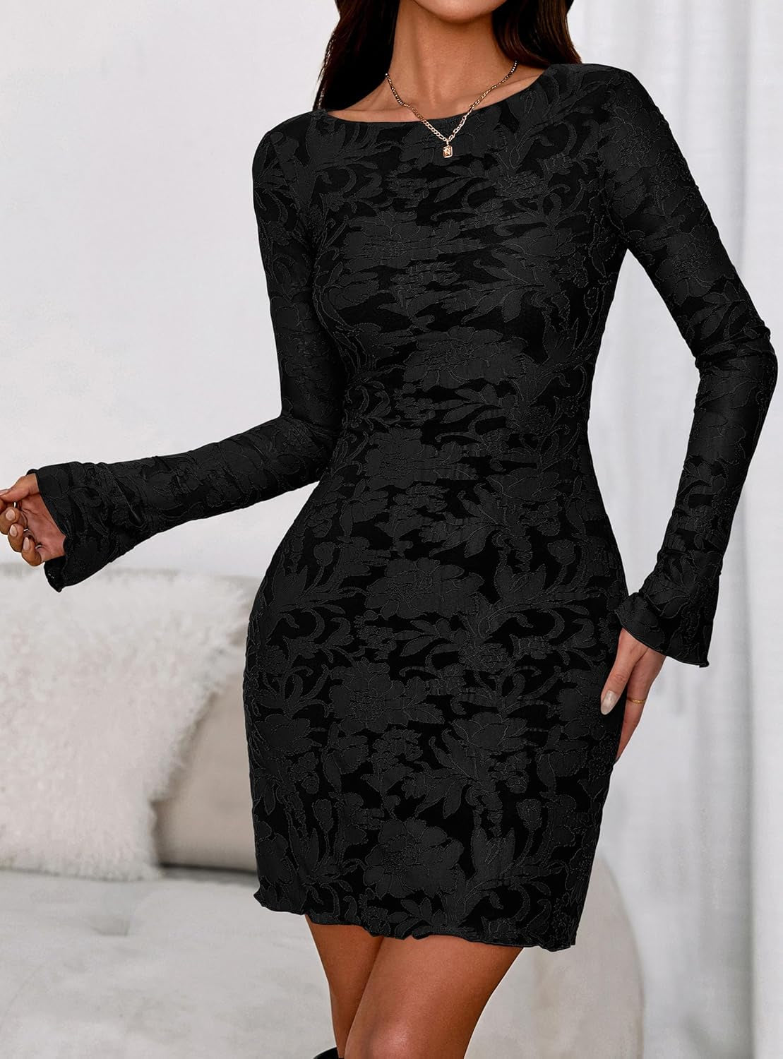 Women'S 2025 Fall Fashion Floral Long Sleeve Mini Dress Mesh Bodycon Short Party Date Night Going Out Dresses