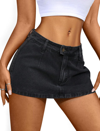 Denim Mini Skirt for Women Low Waisted Jean Micro Skort with Shorts Stretch Casual Jean Skirt