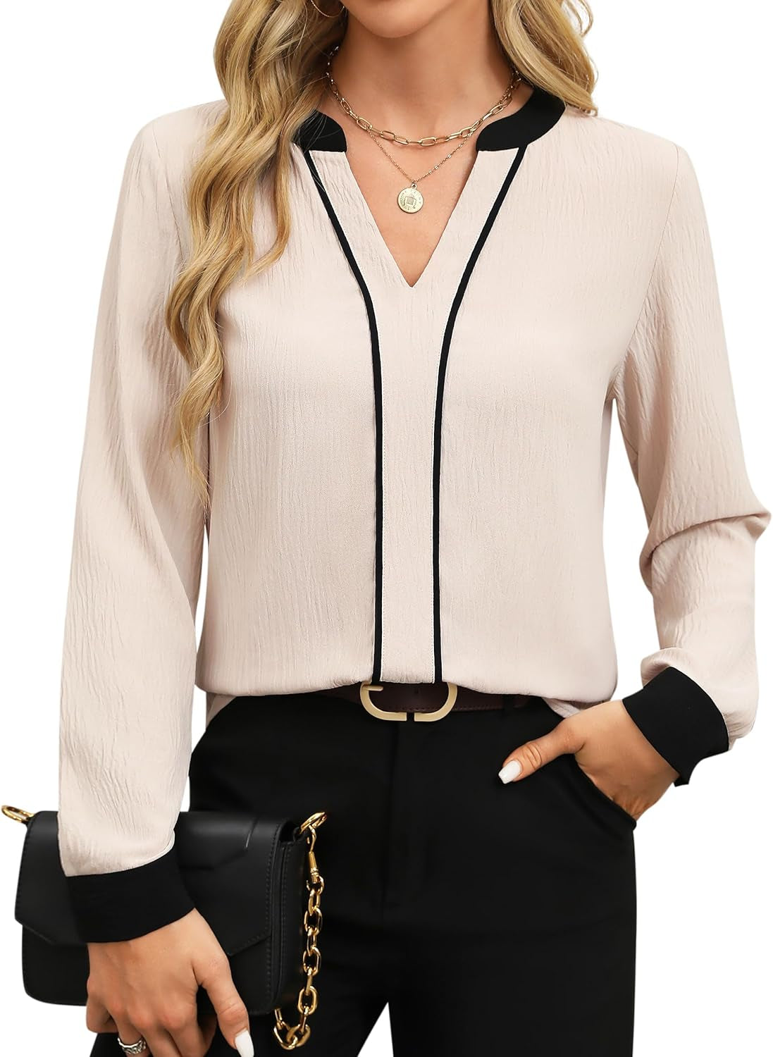 Womens Tops Dressy Casual V Neck Color Block Business Casual Blouses Long Sleeve Work Shirts Fall Trendy Clothes