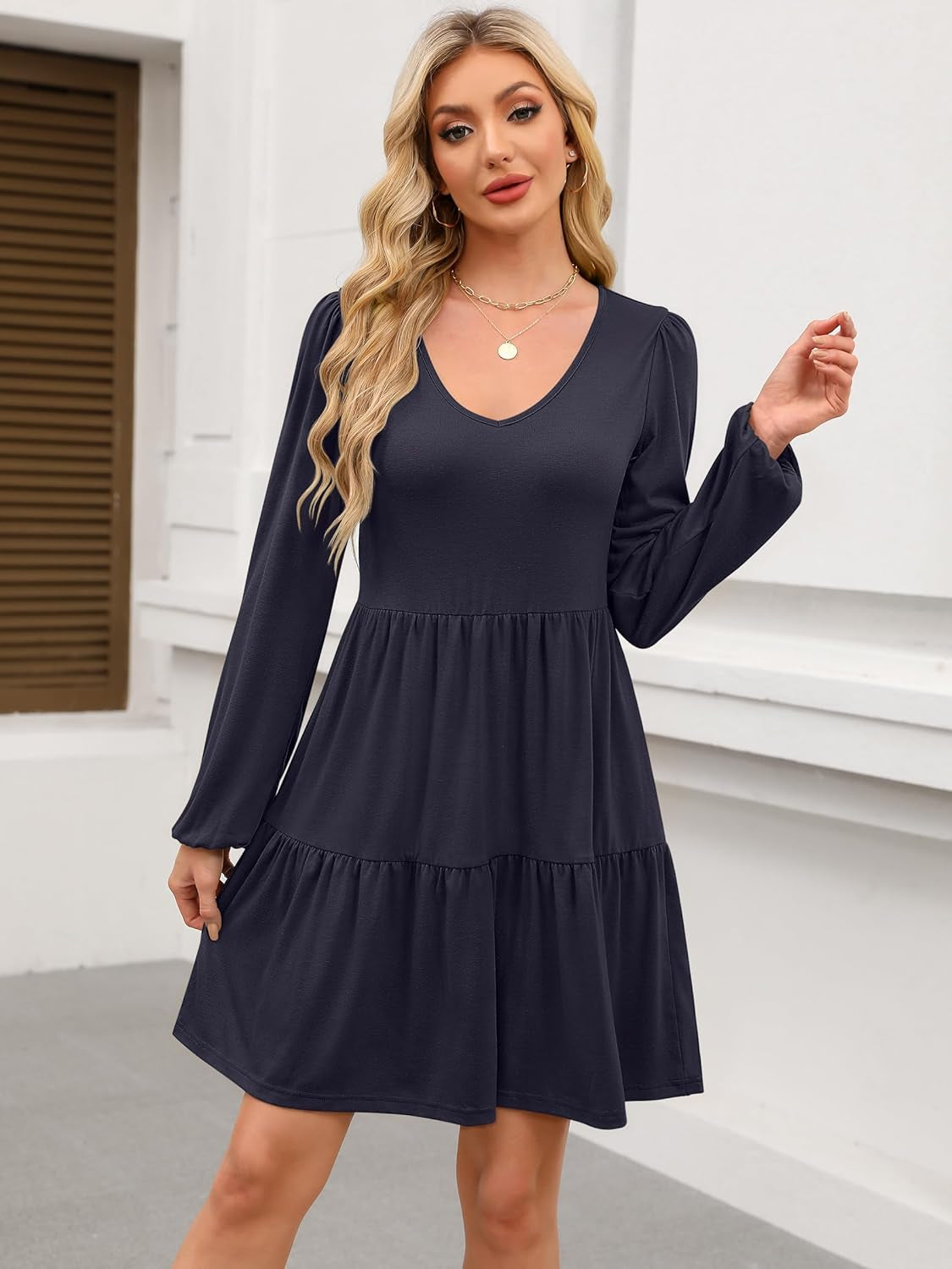 Womens Long Sleeve Dress 2025 Fall Casual V Neck Tiered Flowy Short Dresses Beach Travel Vacation Outfits