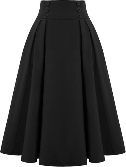 Women'S Vintage High Waist Pleated Midi A-Line Skirt with Pockets