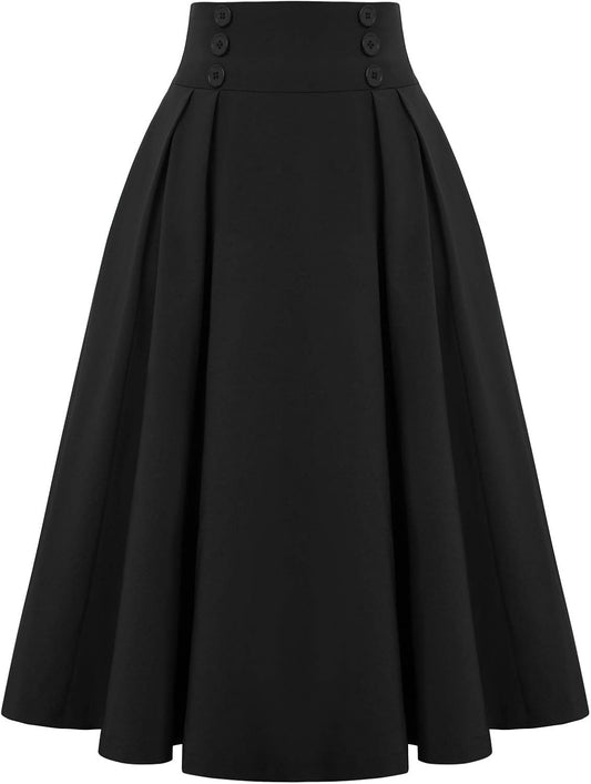 Women'S Vintage High Waist Pleated Midi A-Line Skirt with Pockets