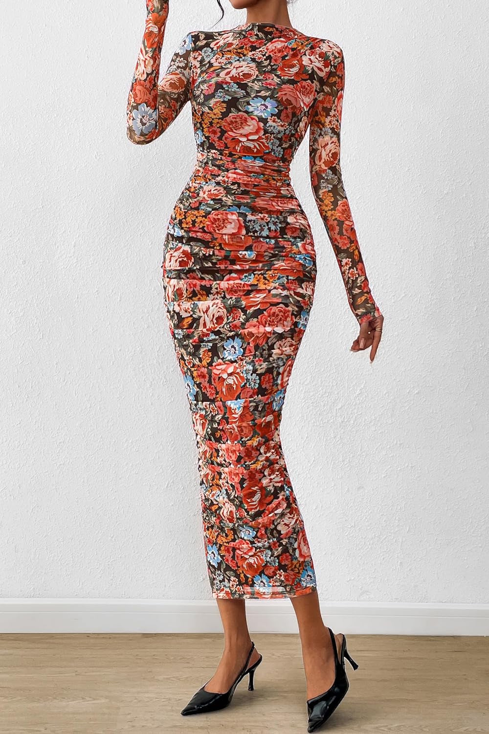 Women'S Long Sleeve Maxi Dress 2025 Fall Ruched Bodycon Floral Mesh Formal Wedding Guest Cocktail Party Dresses