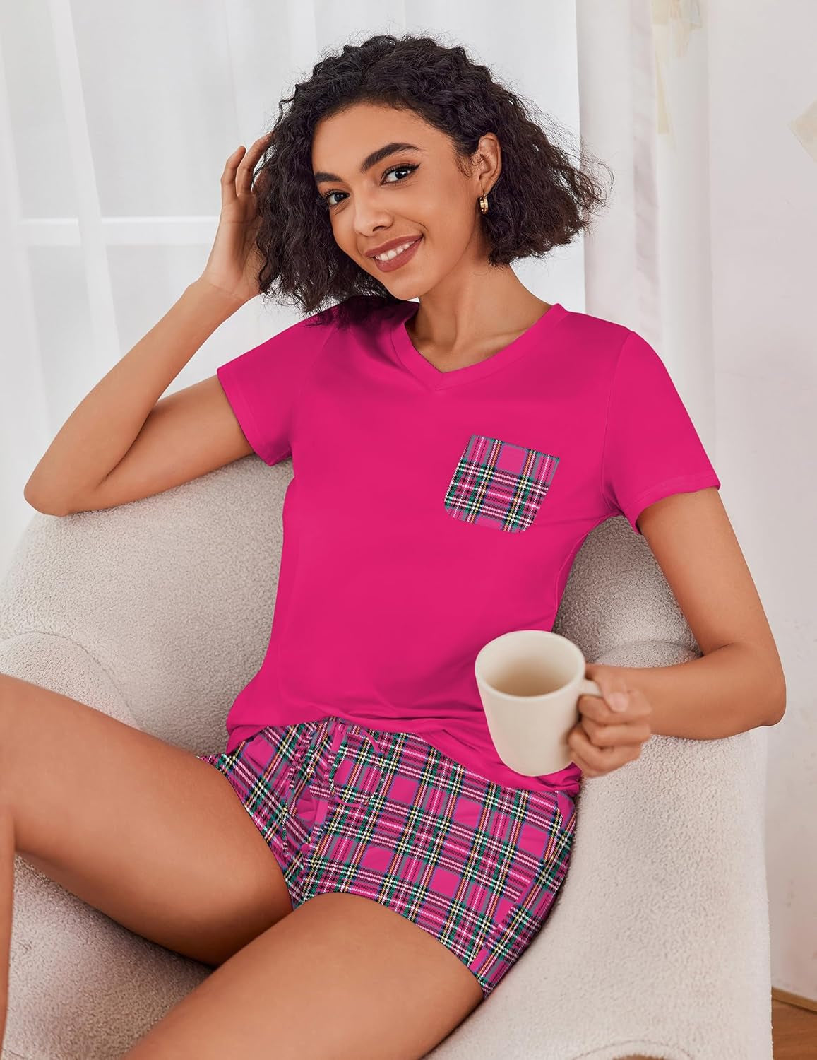 Womens Pajama Sets Short Sleeve Pajamas for Women Sets Soft Lounge Sets Casual V Neck Sleepwear PJS