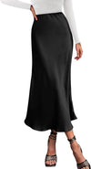 2025 Womens Summer Fall Long Satin Skirt Silk Elegant High Waist Cocktail Party Wedding Flowy A-Line Midi Skirts