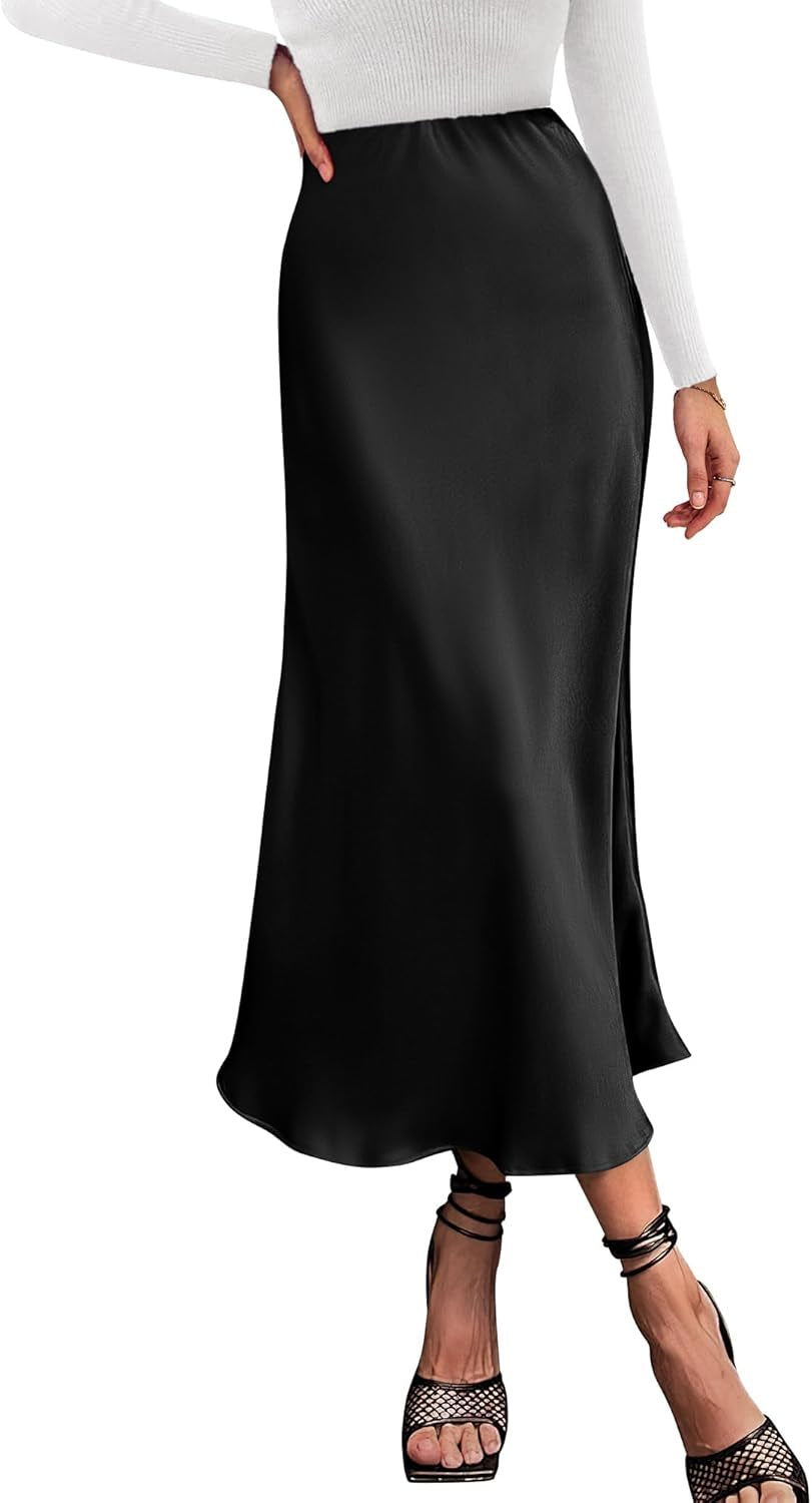 2025 Womens Summer Fall Long Satin Skirt Silk Elegant High Waist Cocktail Party Wedding Flowy A-Line Midi Skirts