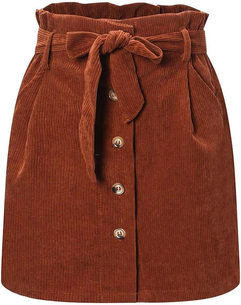 Women Paperbag High Waist Elastic Belted Corduroy Button Front with Pockets Short Mini Skirt