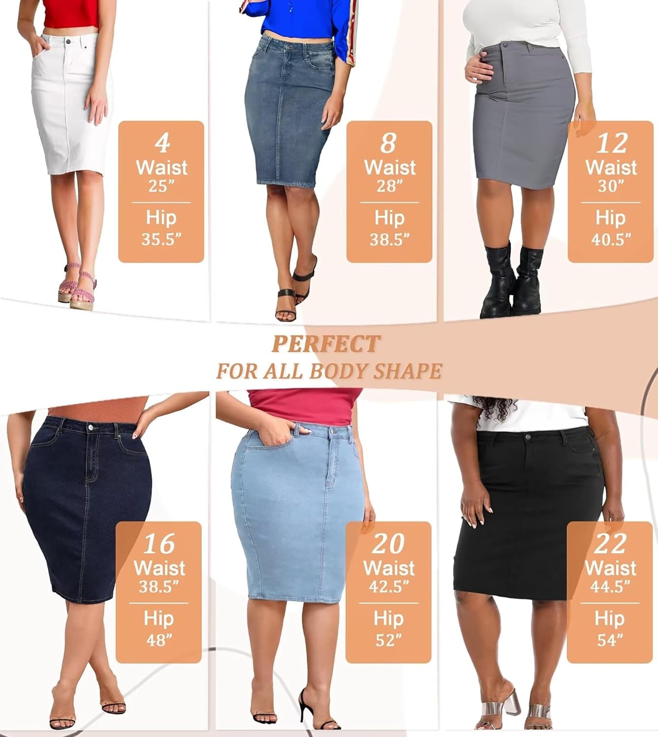 Womens Stretch Pencil Skirts with Functional Pockets, a Line & Destructed Mini Denim Skirts