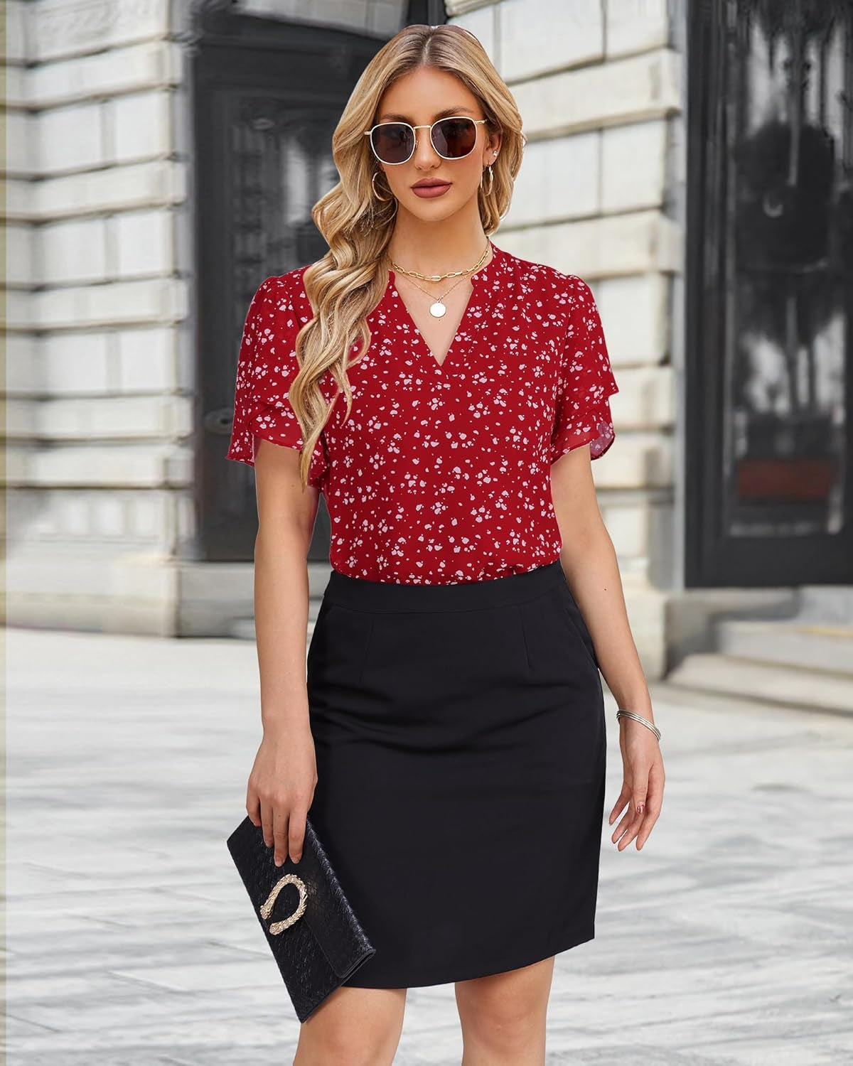 Womens Dressy Chiffon Blouses Summer Puff Petal Short Sleeve Shirts V Neck Casual Work Tops