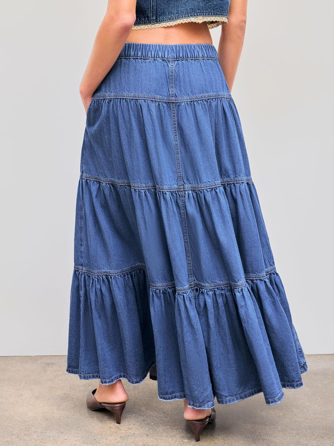 Women’S Long Jean Denim Tiered Button down High Waisted Maxi Skirts