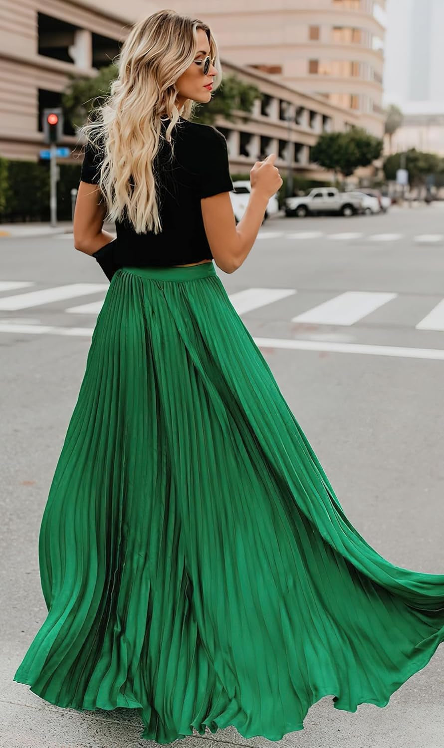 Women'S High Waist Flowy Pleated Chiffon Maxi Skirt