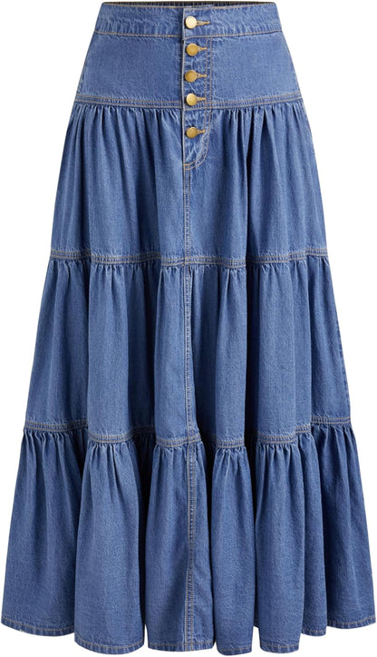 Women’S Long Jean Denim Tiered Button down High Waisted Maxi Skirts