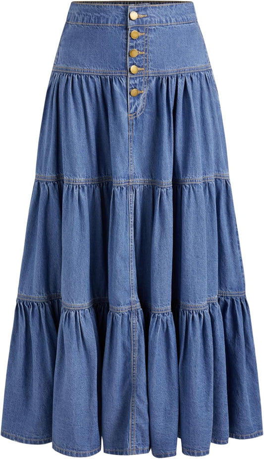 Women’S Long Jean Denim Tiered Button down High Waisted Maxi Skirts