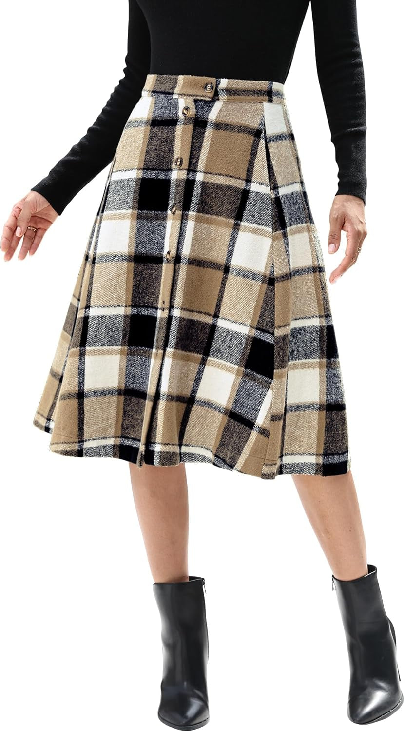 Plaid Skirts for Women Midi Length High Waisted Button down a Line Fall Winter Elastic Waist Skirt with Pockets