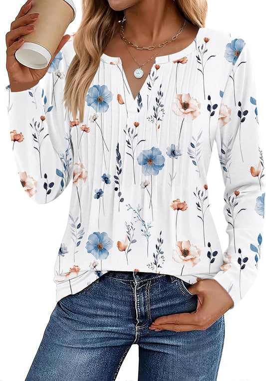 Womens Long Sleeve Tops 2025 V Neck Pleated Shirts Dressy Casual Tunic Blouses Loose Fit Fall Fashion Clothes