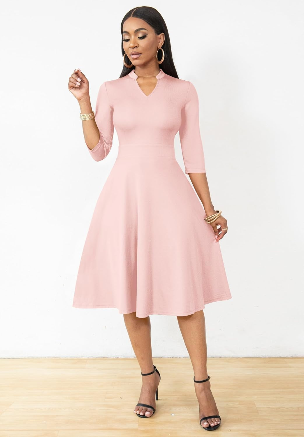 Casual Dresses for Women Semi Formal Fit and Flare 3/4 Sleeve A-Line Church Work Dress with Pockets