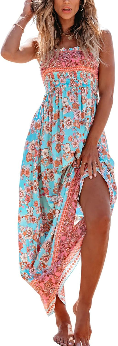 Women'S Maxi Dress Ditsy Floral Smocked Summer Sundress Sleeveless Ruffled Spaghetti Straps Long Beach Formal Dress