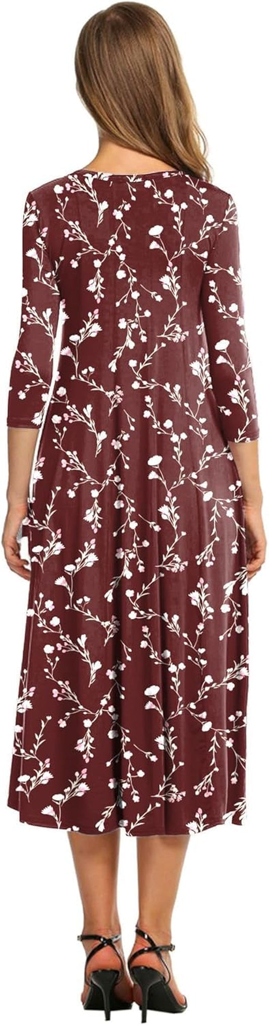 Women'S 3/4 Sleeve A-Line and Flare Midi Long Dress