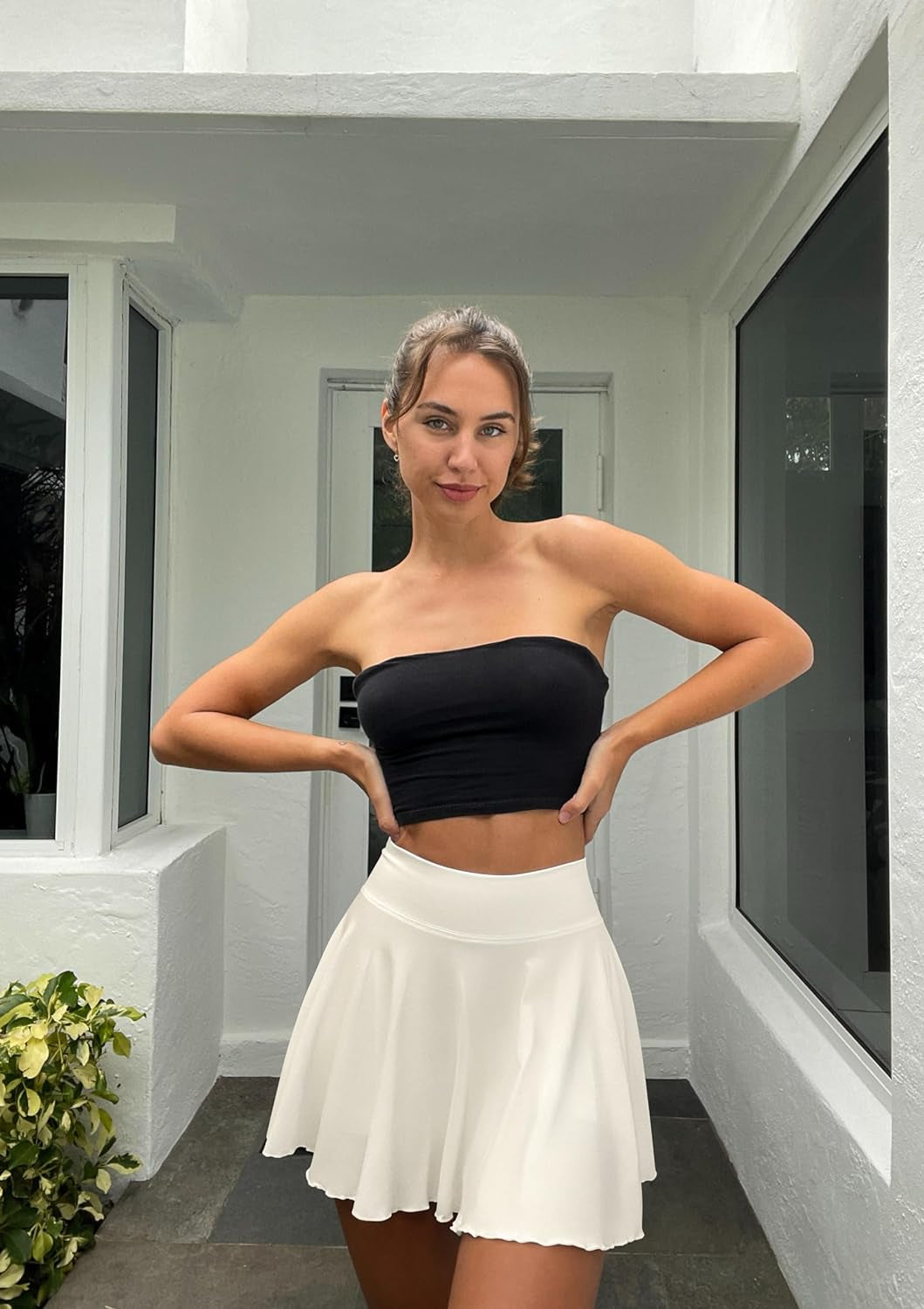 Women 2 Piece Skirts 2 in 1 Flowy Basic Versatile Stretchy Flared Casual Mini Skirts