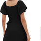 Womens Summer Dresses Square Neck Puff Sleeve Tie Waist Short Dress