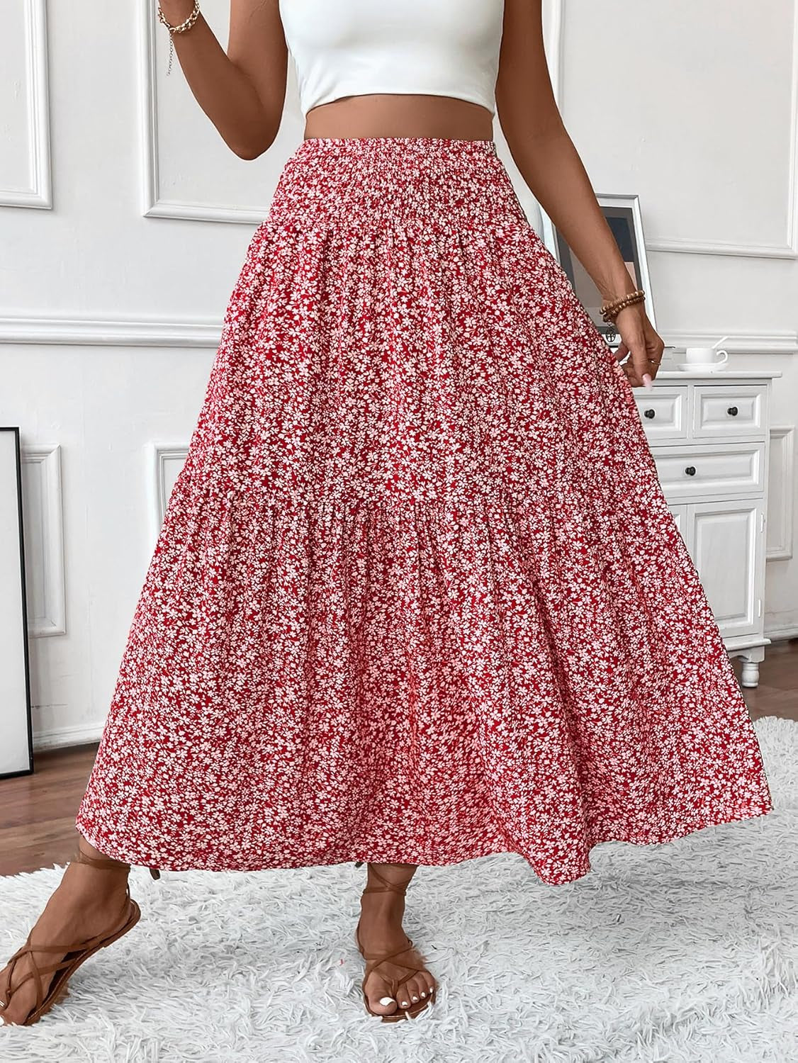 Women'S Smocked High Waist Maxi Skirt Casual Boho Long Skirts with Pockets