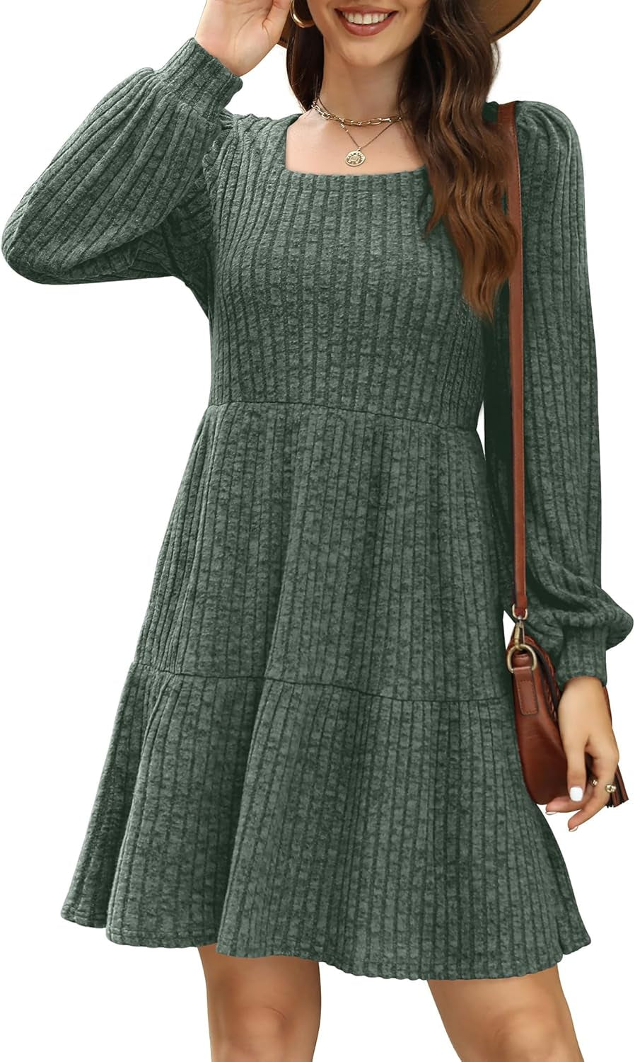 Womens Square Neck Long Sleeve Fall Dresses Casual Babydoll Sweater Dress