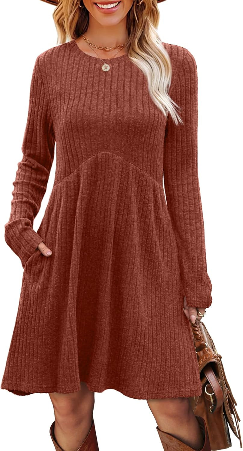 Long Sleeve Dress for Women Crew Neck Empire Waist Tunic Dress with Pockets