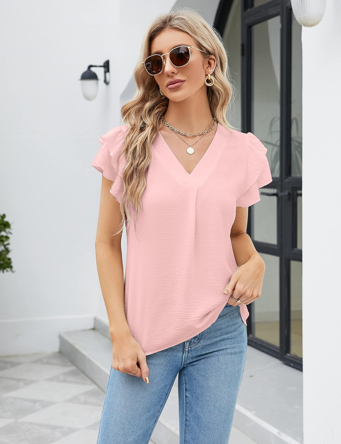 Womens Dressy Casual Shirts Short Sleeve V Neck Work Blouse Business Casual Summer Tops 2025