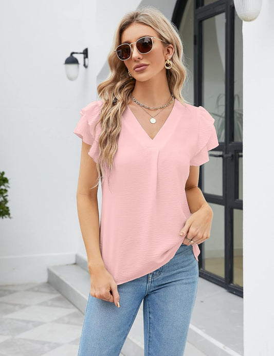 Womens Dressy Casual Shirts Short Sleeve V Neck Work Blouse Business Casual Summer Tops 2025